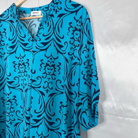 Blue Patterned Women's Top Lagenlook pull tab sleeve Size 2xl - Picture 4 of 11